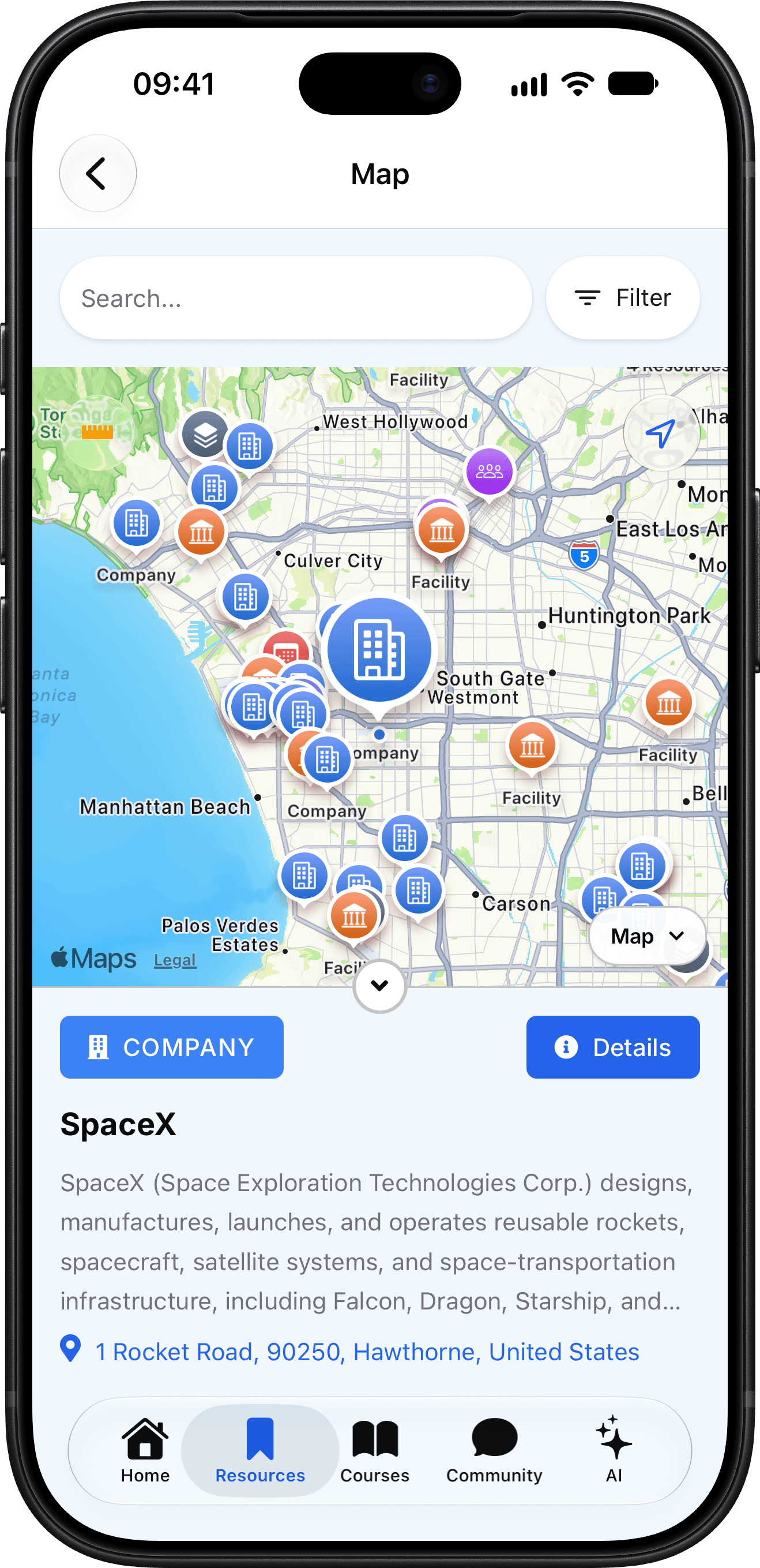 Aerospace map in the AeroVia app