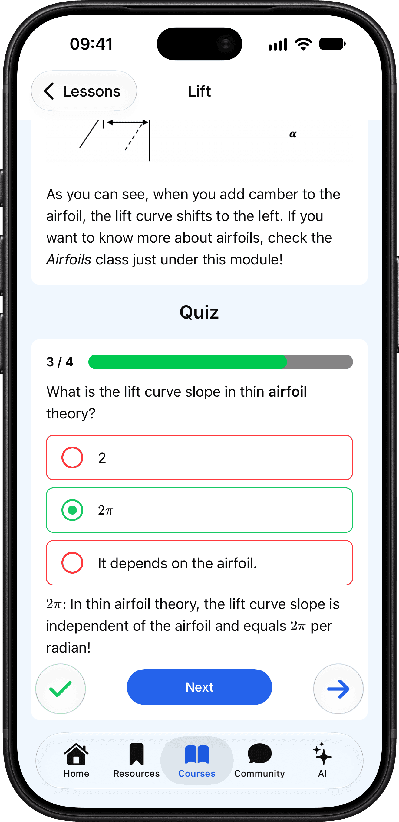 Aerospace lesson and quiz in the AeroVia app